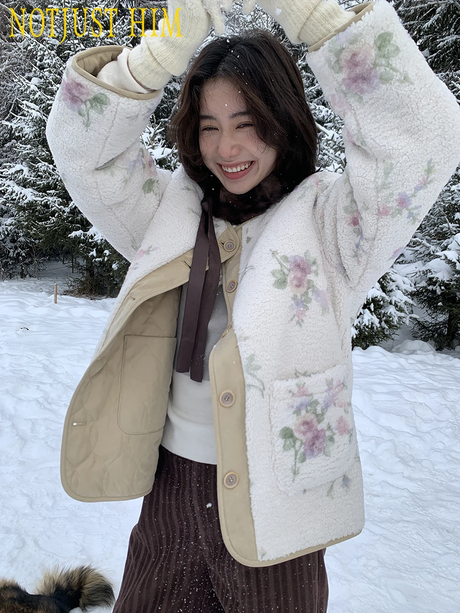 

Double-Sided Wear Lamb Fur Cotton Jaet Berlin Flower Notes Print Notjusthim Women's Casual Faion Outerwear Coat