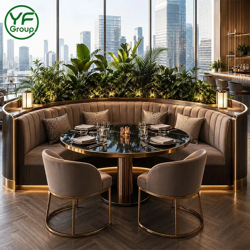 Factory Custom Restaurant Furniture Velvet Fabric Stainless Steel Base Booth Seating with Table Chair Set for Bistro Hotel