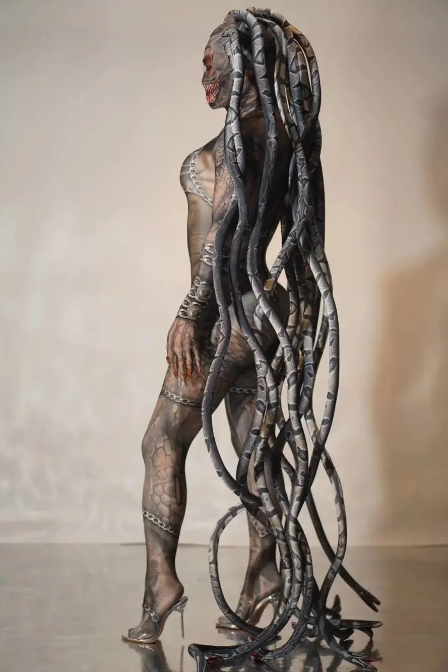 

Snake costume Halloween party event print alien Cool men Medusa Siamese bodysuit Stage show catwalk model cosplay party suit