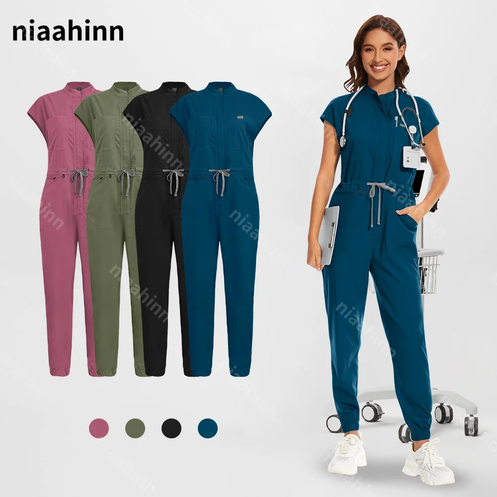 Spa Uniform Women Fashionable Nurse Work Clothes Vet Medical Uniform Short Sleeve Scrub Jumpsuit Women Surgical Medical Clothing