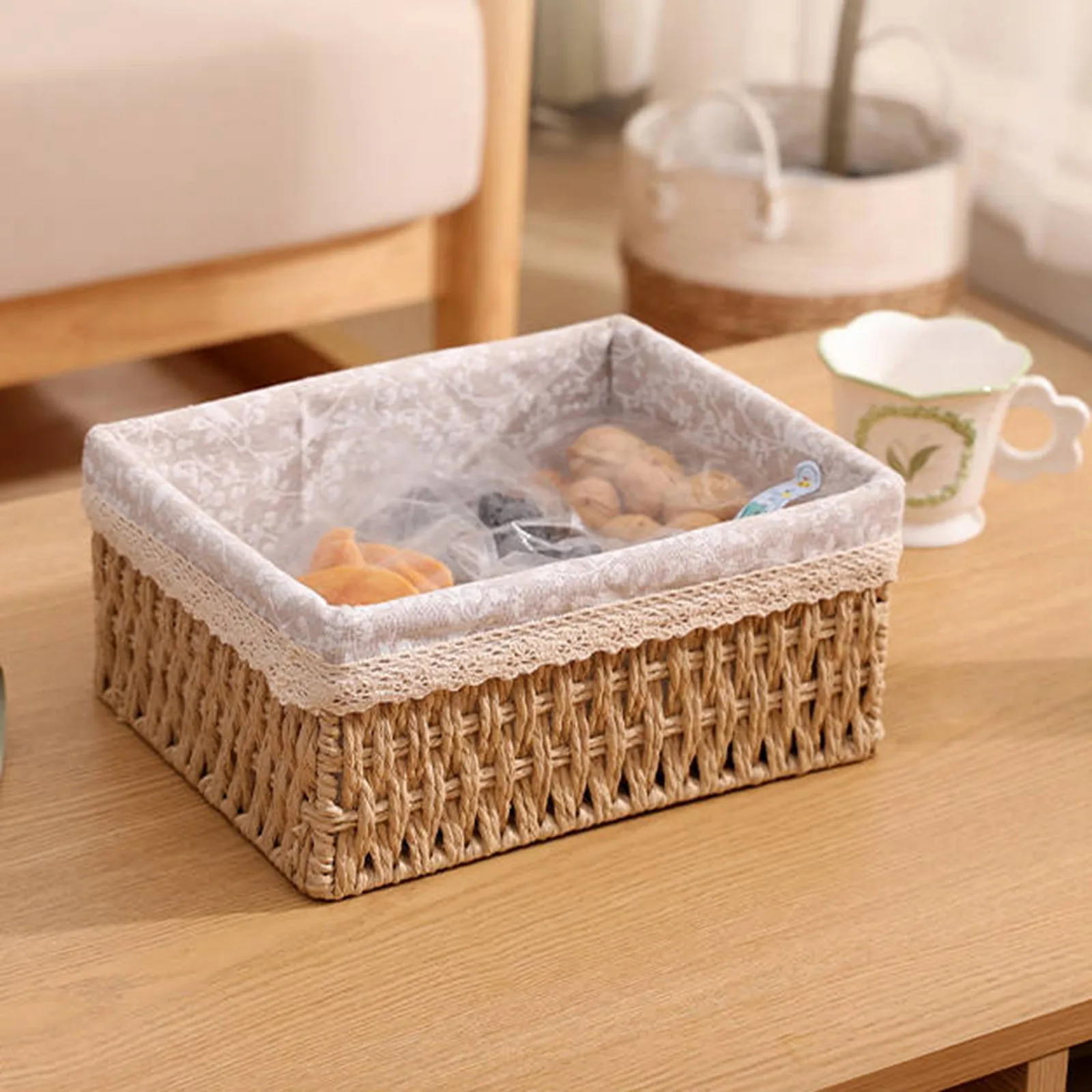 

Woven Storage Basket Bedroom Desktop Imitation Rattan Storage Basket Snack Cosmetic Storage Basket Rattan Storage Box Supplies