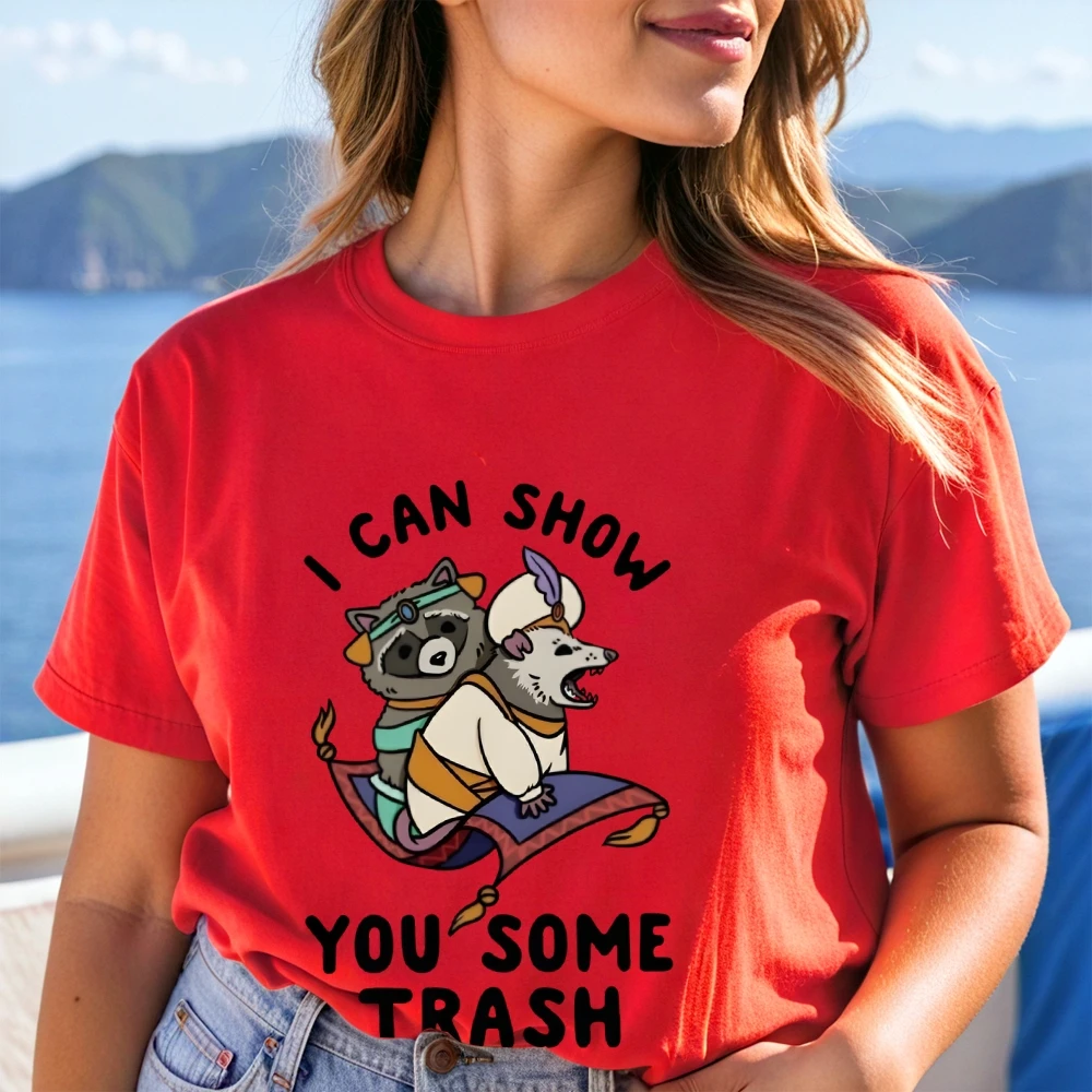 I Can Show You Some Trash T-shirt in cotone con grafica Divertente cartone animato Procione Opossum Top Tee Camicia girocollo casual per Wemen Uomini Bambini