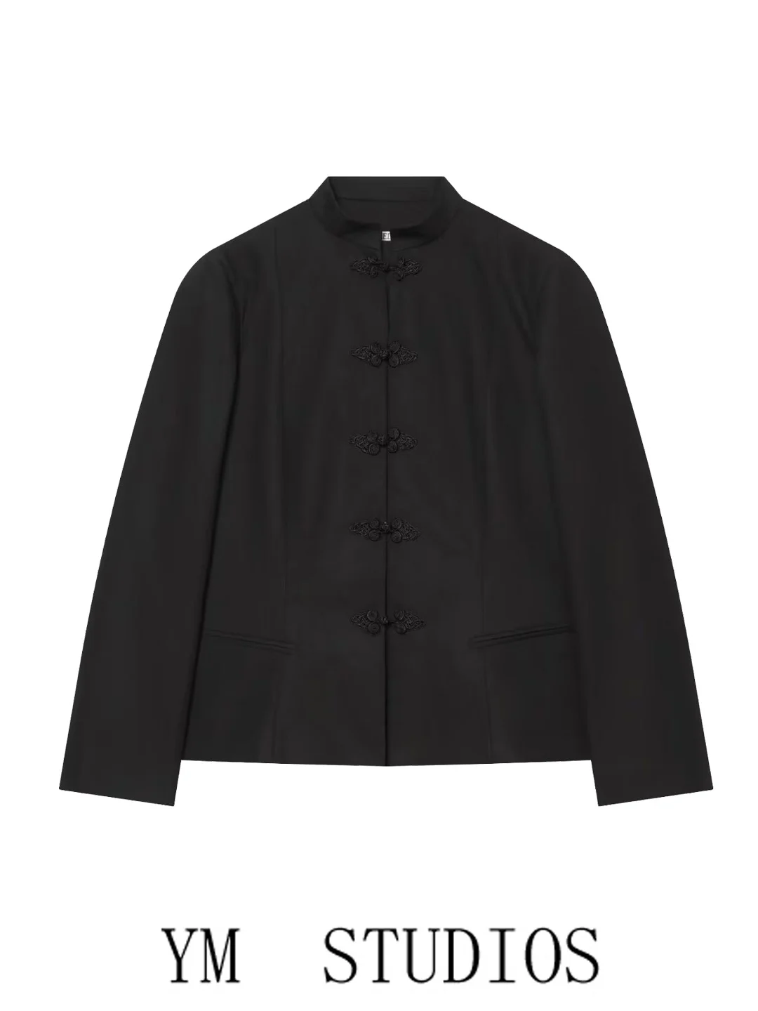New Chinese Style Short Outerwear Women's Jacket Black Button Knot Neckline Vintage Autumn Suit Long Sleeve Polyester Fiber
