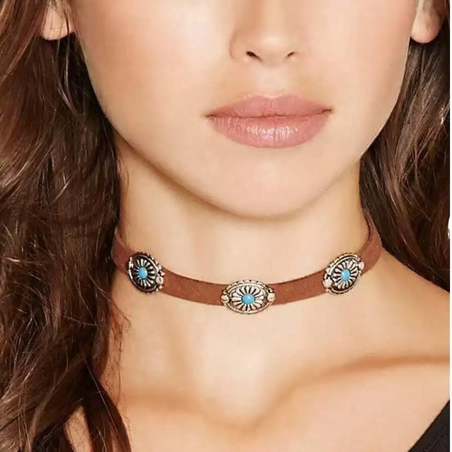 1pc European And American Retro Necklace Metal Flower Plate Turquoise Korean Velvet Necklace Choker Bohemian Necklace Collar