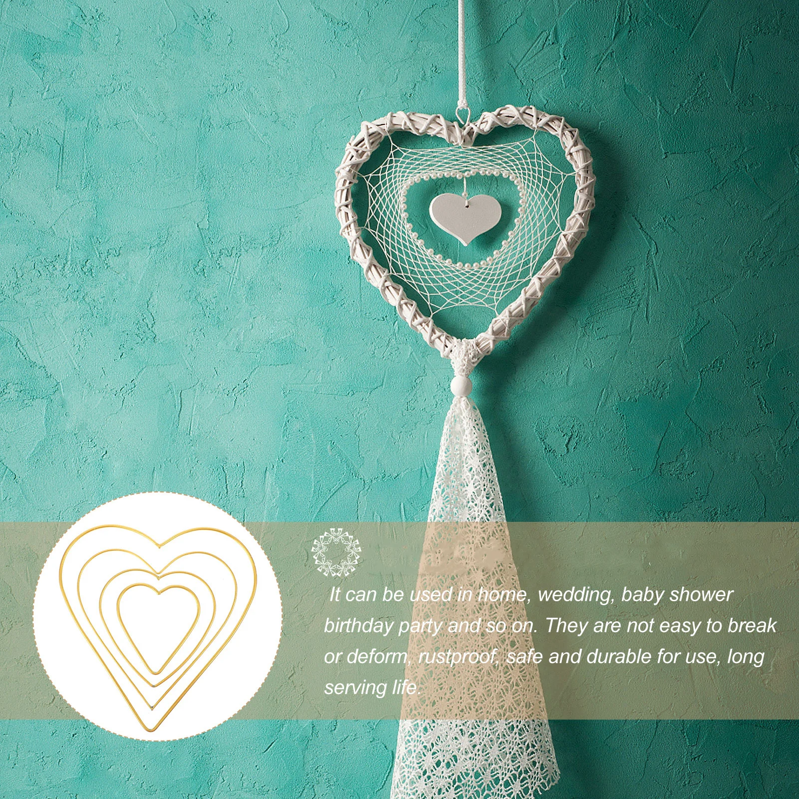 

Metal Decorative Wreath Heart Shaped Rings DIY Iron Loop Dreamcatcher Ring Artificial Flower Golden Christmas Home Decor