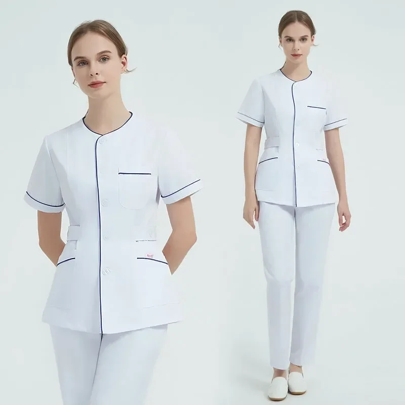 Uniforme de enfermera de manga corta blanco, traje médico dental oral dividido, ropa de trabajo para salón de belleza, uniforme de trabajo para clínica de farmacia y médico