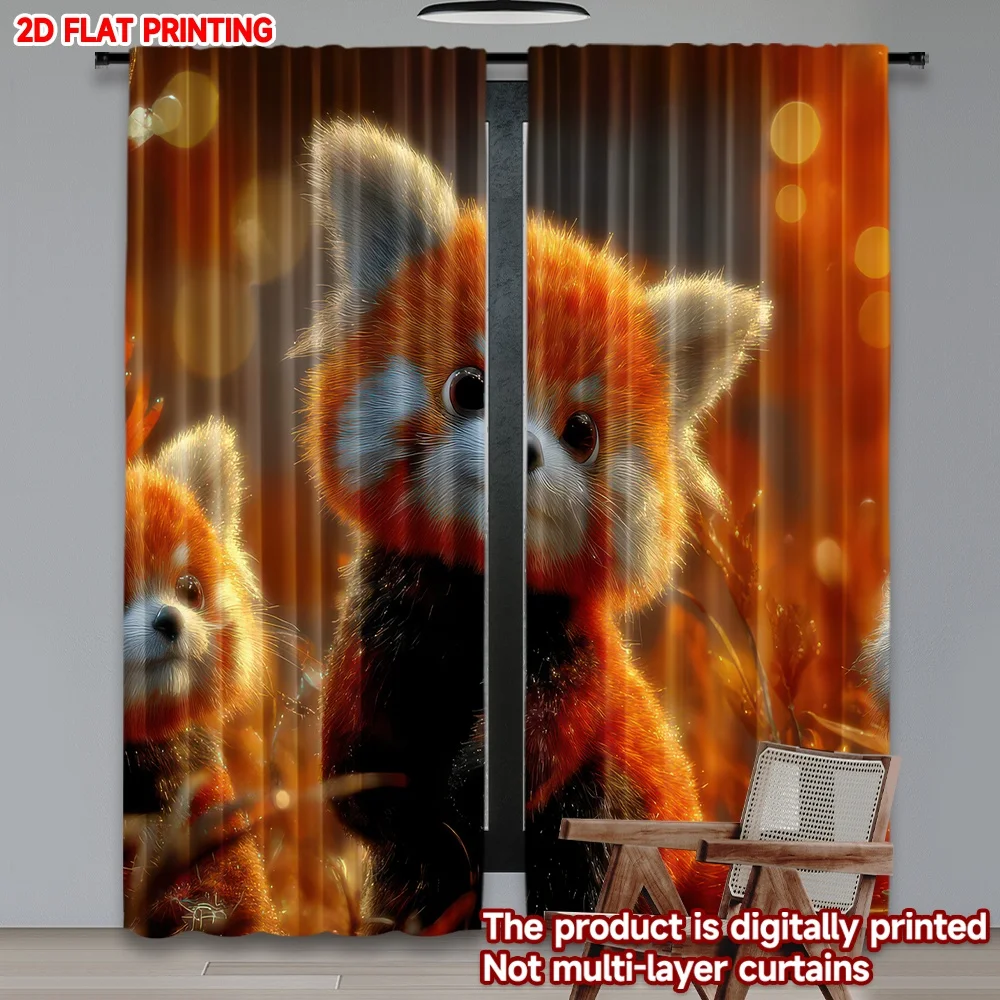 

2D flat printing 2pcs Scene Curtain Adorable Red Pandas in Autumn Digital Printed Polyester Drapes Family Party for Holiday