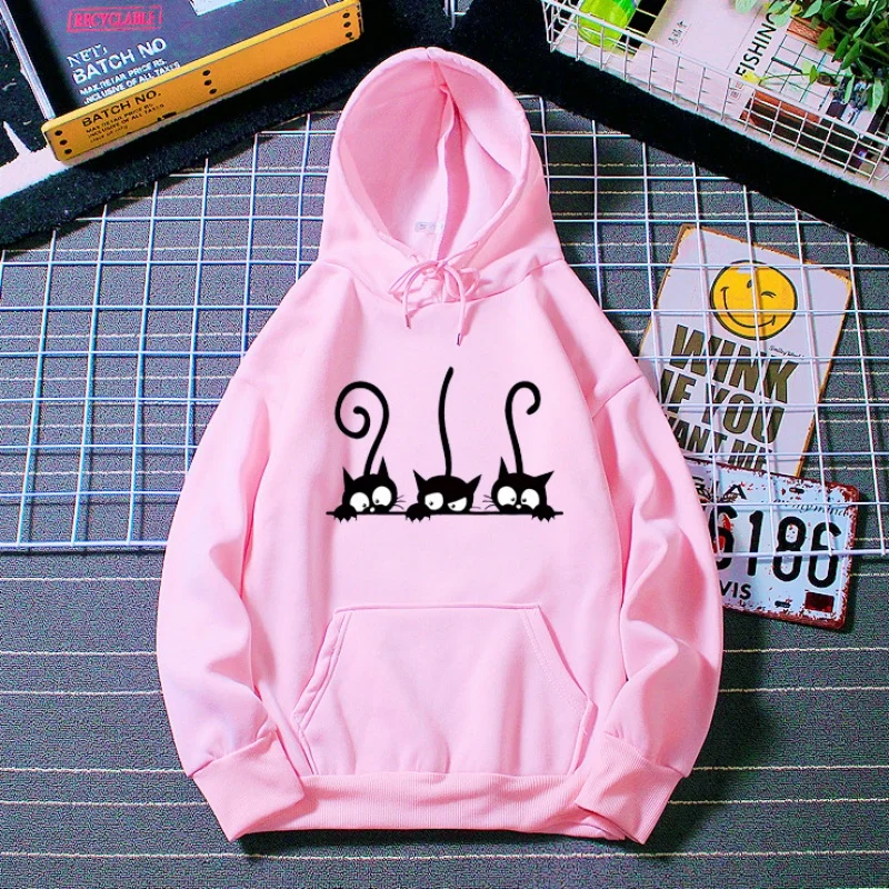 

Cute Three Kittens Cartoon Print Hoodie Long Sleeve Comfortable Loose Top for Men And Women Autumn Winter Sports Fashion