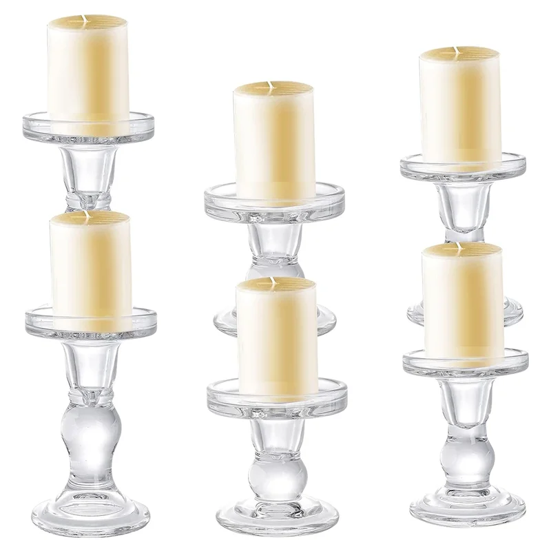 AS94-Glass Candle Holders, Clear Pillar Taper Candlestick Crystal Candle Holder Stand For Dinner Table 3Pcs Easy To Use