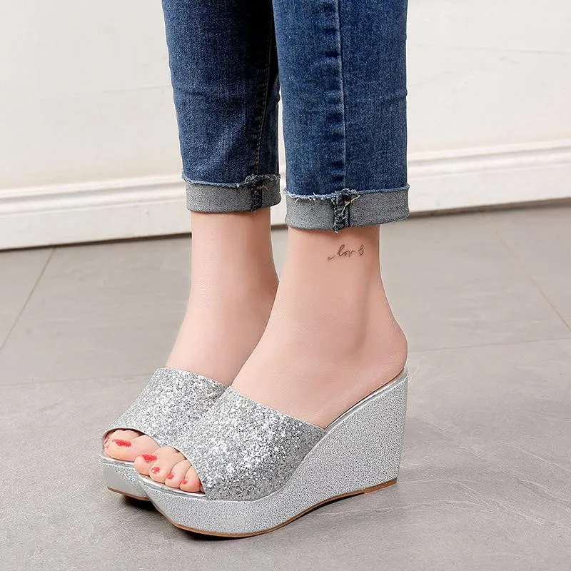 

Maogu Women Shoes Slippers Summer Casual Thick Sole Silver Shoe Mules High Heels Sandals Bling Sequine Platform Wedge Slides