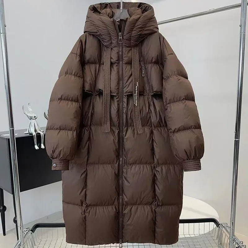 سترة نسائية كورية فضفاضة بقلنسوة 2025 كسول الرياح المرأة طويلة الأكمام أسفل القطن أبلى الشتاء السيدات الترفيه معطف منتفخ