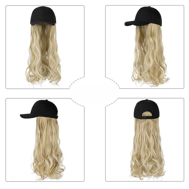 Synthetic Fluffy Wavy Wigs with Hat Baseball Cap Seamless Connection Hair Extensions for Women Adjustable Hat Wig