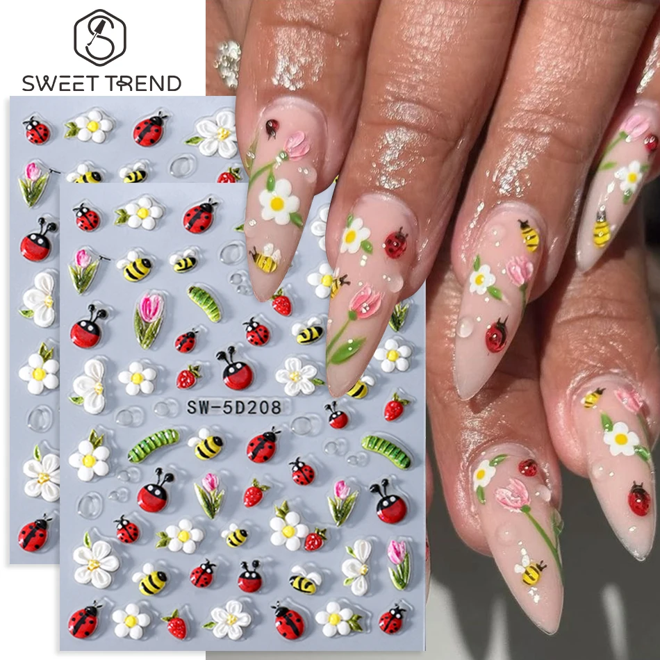 1/2 peças Adesivos de Unha em Relevo com Padrões Florais de Primavera Verão, Abelha, Joaninha, Inseto e Tulipa, Autoadesivos para Decoração de Manicure