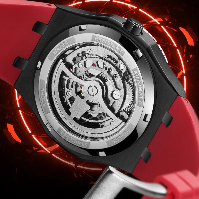 Stainless Steel Toubillon Automatic Watch Men Luxury Brand Skeleton Mechanical Watches Fashion Silicone Strap Waterproof Clock