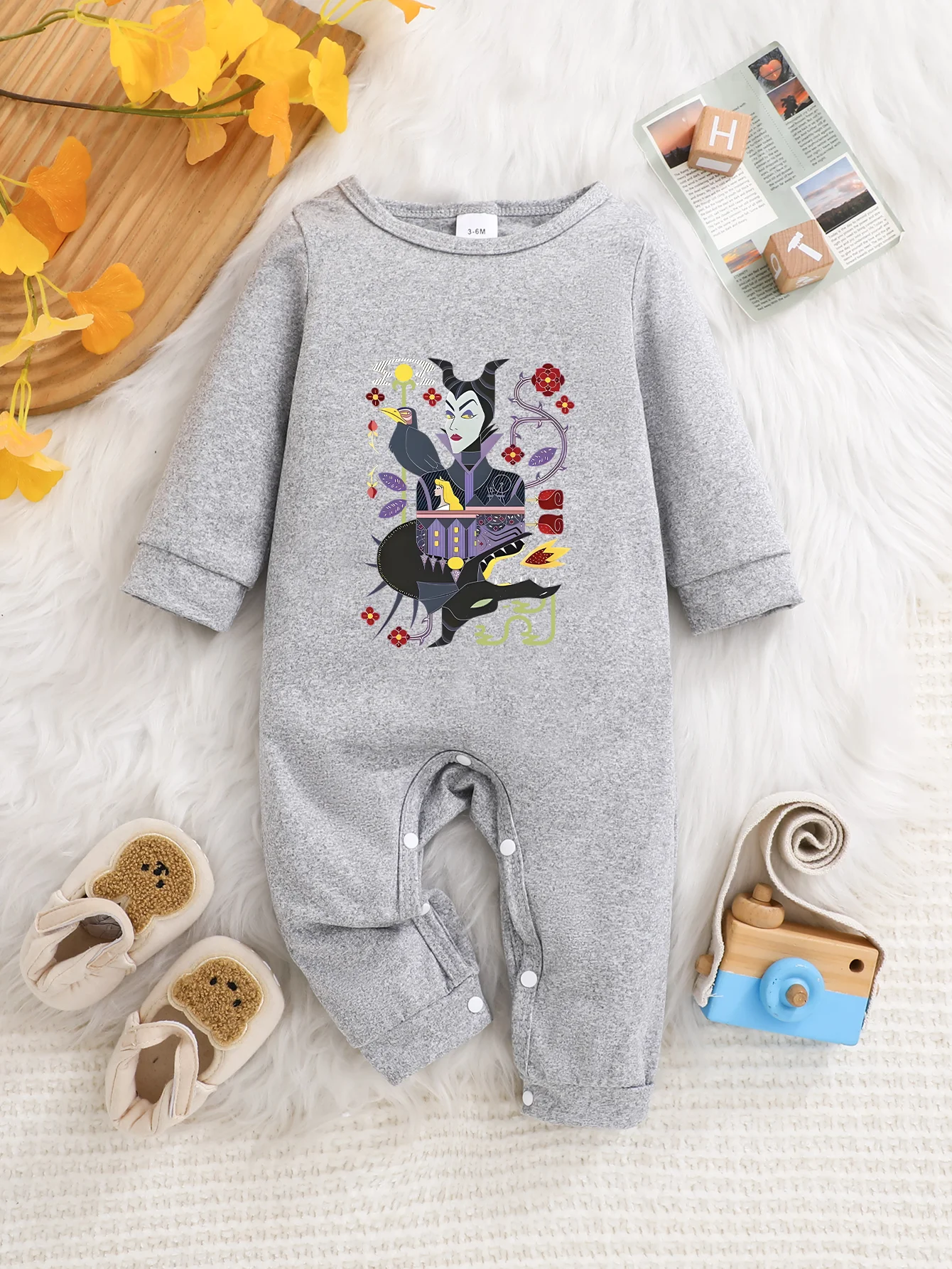

【Officially Licensed】 Disney Maleficent Baby Long-Sleeve Romper | Soft Skin-Friendly Fabric with Stylized Maleficent Print