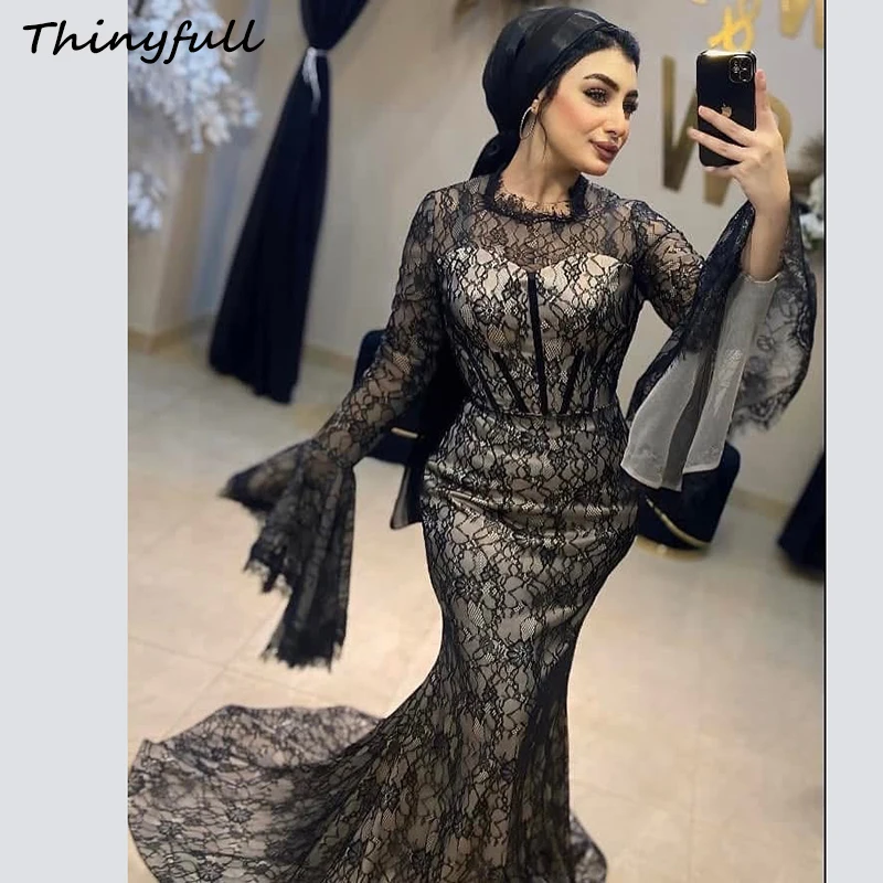 Thinyfull Mermaid Lace Prom Dresses Full Sleeves O-neck Evening Gown Sexy Special Occasion Dress Robe De Soirée Customized ﻿