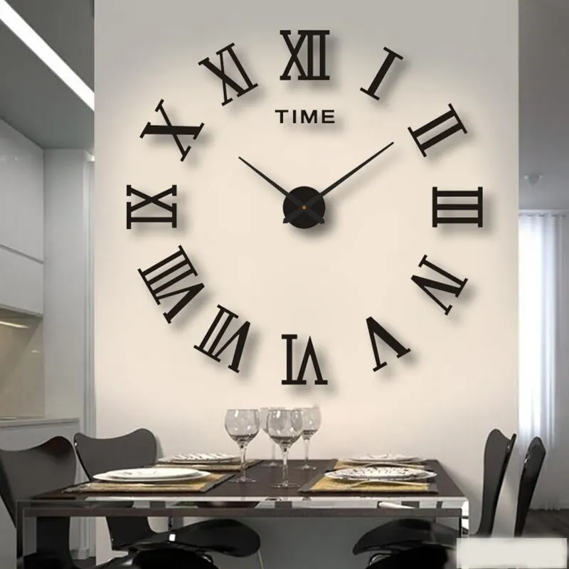 3D Acryl Digitale Wanduhr Römische Ziffern Spiegeldesign Große Runde DIY Selbstklebende Wanduhr Heimdekoration
