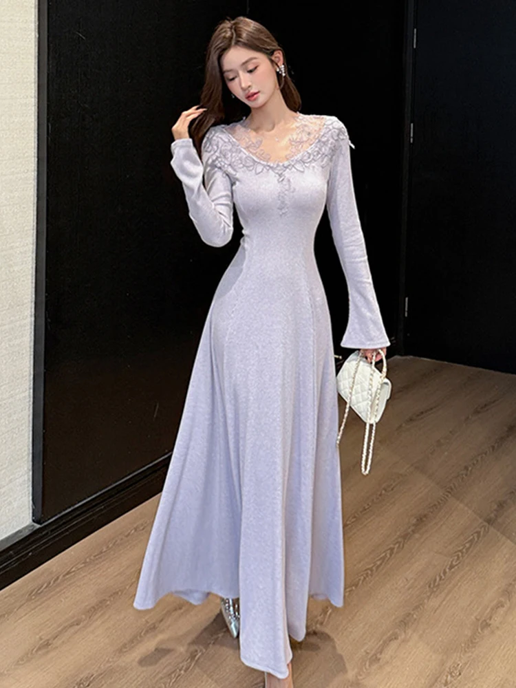 Dating Casual Women Knitted Flare Sleeve Bodycon Long Maxi Dress Lace V-Neck Slim Elegant Formal Party Evening Gown Robe Vestido