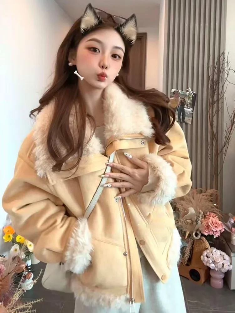 Jaqueta Feminina Coreana de Couro e Pele de Cordeiro Forrada, Nova Coleção Outono/Inverno, Solta, Quente, com Zíper