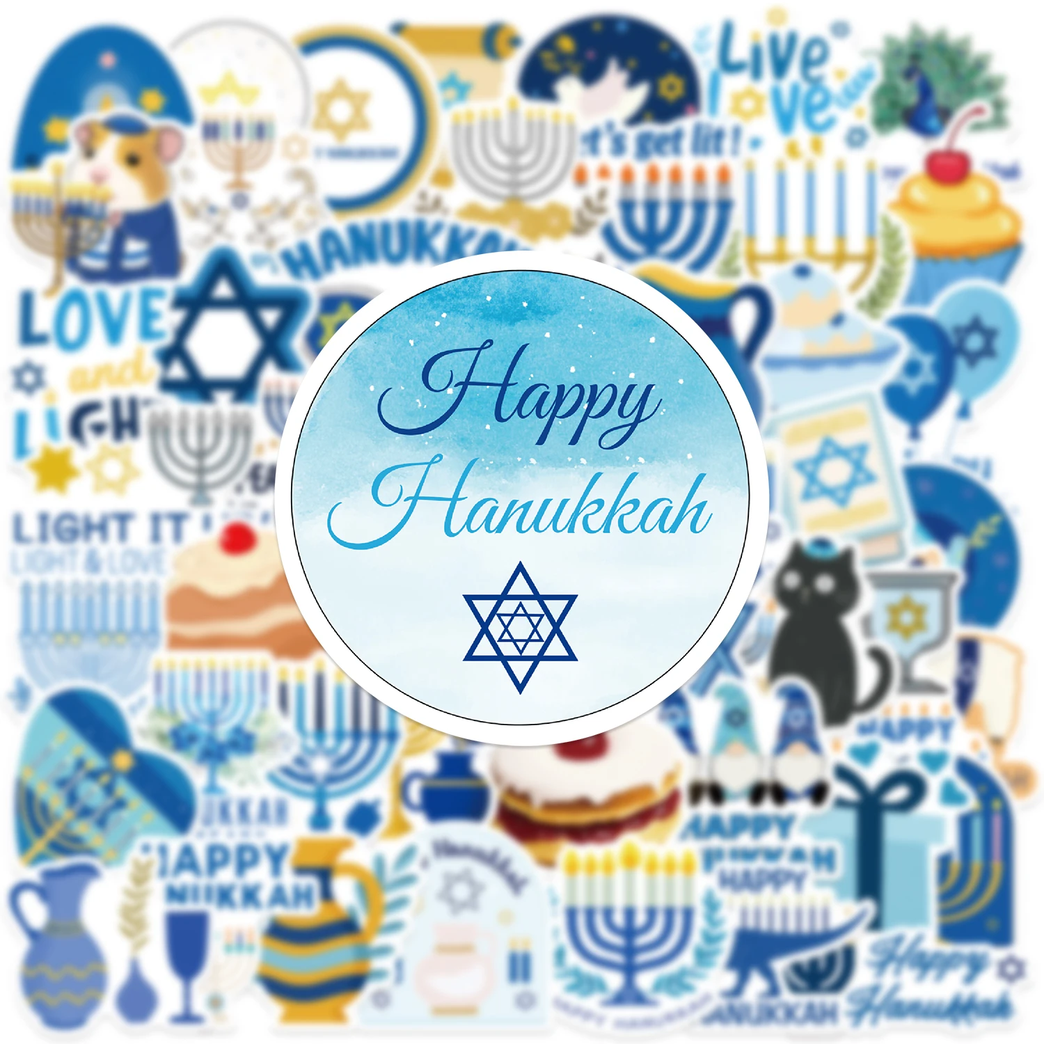 50pcs Happy Hanukkah PVC Stickers Jewish Holiday Decals For Scrapbook Laptop Phone Case Envelope Label DIY Aesthetic Stickers