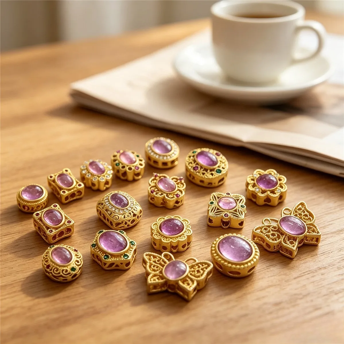 Brass Matte 18K Gold Tone Imitated Crystal Purple Cat Eye Multi Hole Spacer Beads DIY Jewelry Making Findings