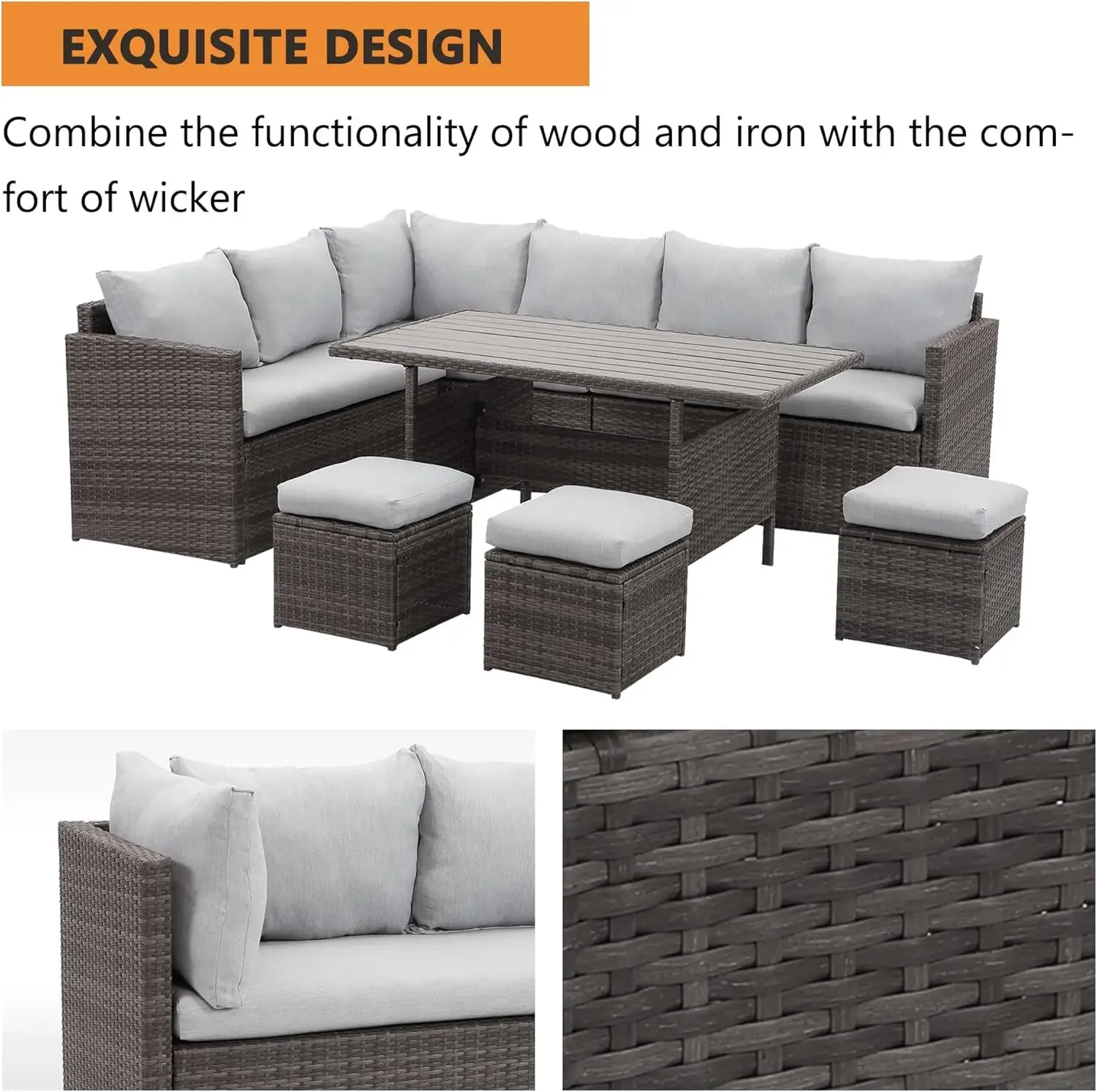 7 Piece Patio Furniture Set, All Weather Wicker Patio Conversation Sets with Cushion Seat & Pillows, Outdoor Dining Set,