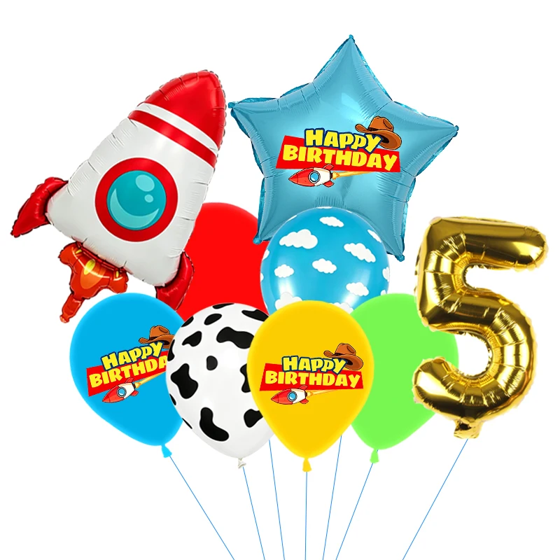 Rote, gelbe und grüne Spielzeugballons, hellblaue Ballons mit Wolken- und Kuhmuster für die Dekorationen zu Babystory- und Cowboy-Partys – Detail 33