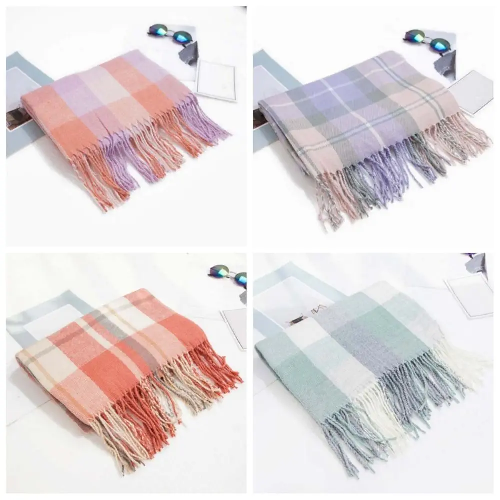 وشاح منقوش كلاسيكي ناعم بألوان متباينة شال صوف محبوك مقاوم للبرودة على الطراز الكوري من ألياف الأكريليك وشاح طويل مع شرابة