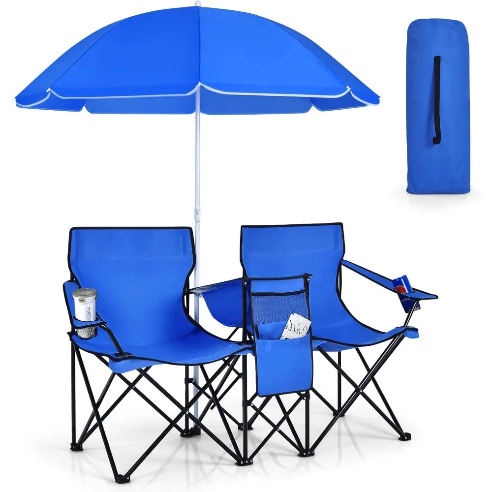Double Camping Chair, Folding Camp Chair with Removable Umbrella, Cup Holders, Cooler Bag, Side Pocket & Carry Bag, 2-Person