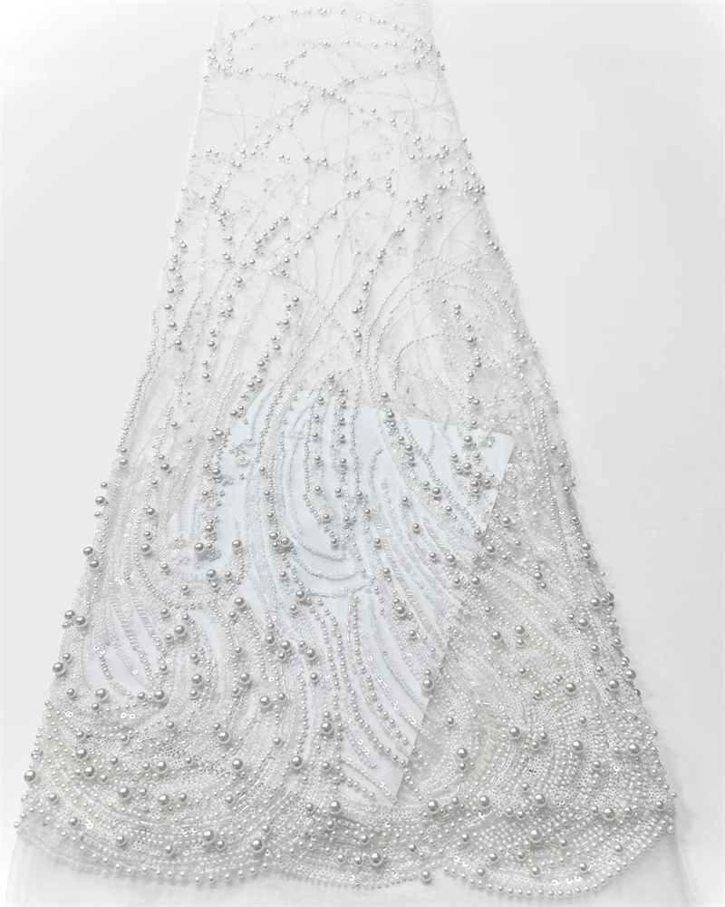 

High Quality African Nigerian Net Lace Fabric With Sequins Handmade Heavy Beaded Lace Cloth Prom Dresses Beads 5 Yards