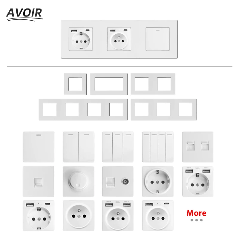 

Avoir Wall Power Socket White PC Panel Light Switch Electical Outlets EU French Dual Usb Type C Plug Module DIY Free Combination