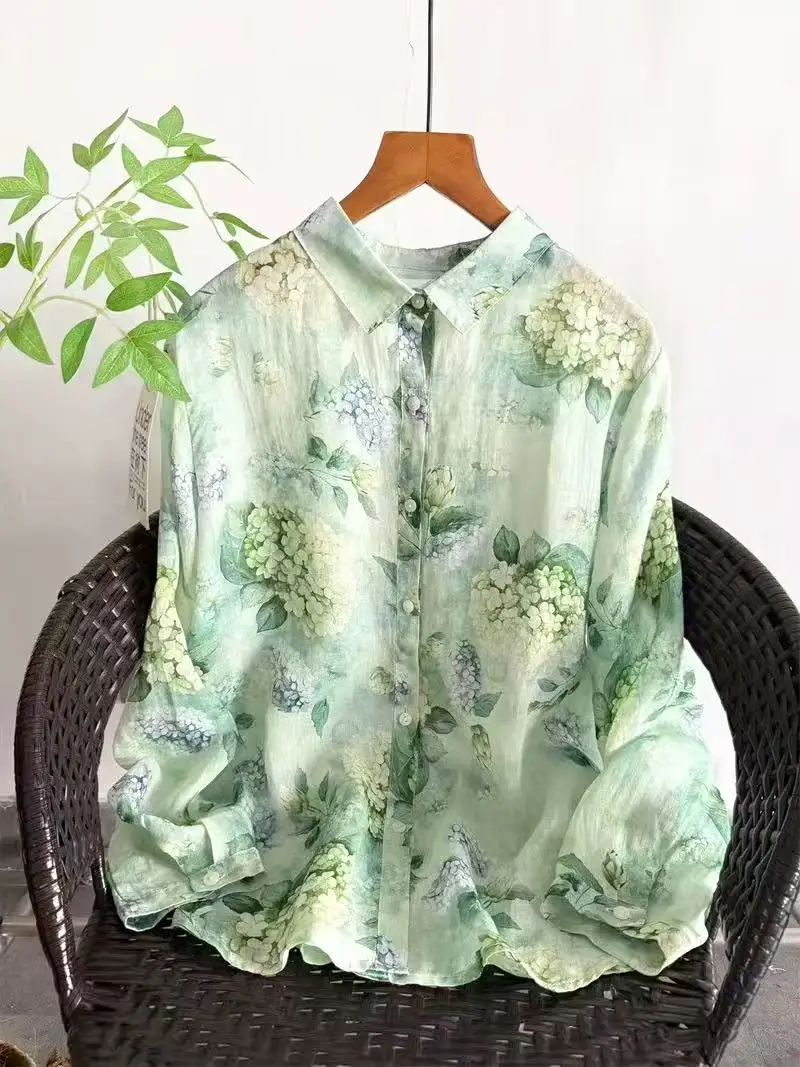

2026 Women's spring clothes 100% ramie shirts for blouses women summer original breathable green printed long sleeve blouses