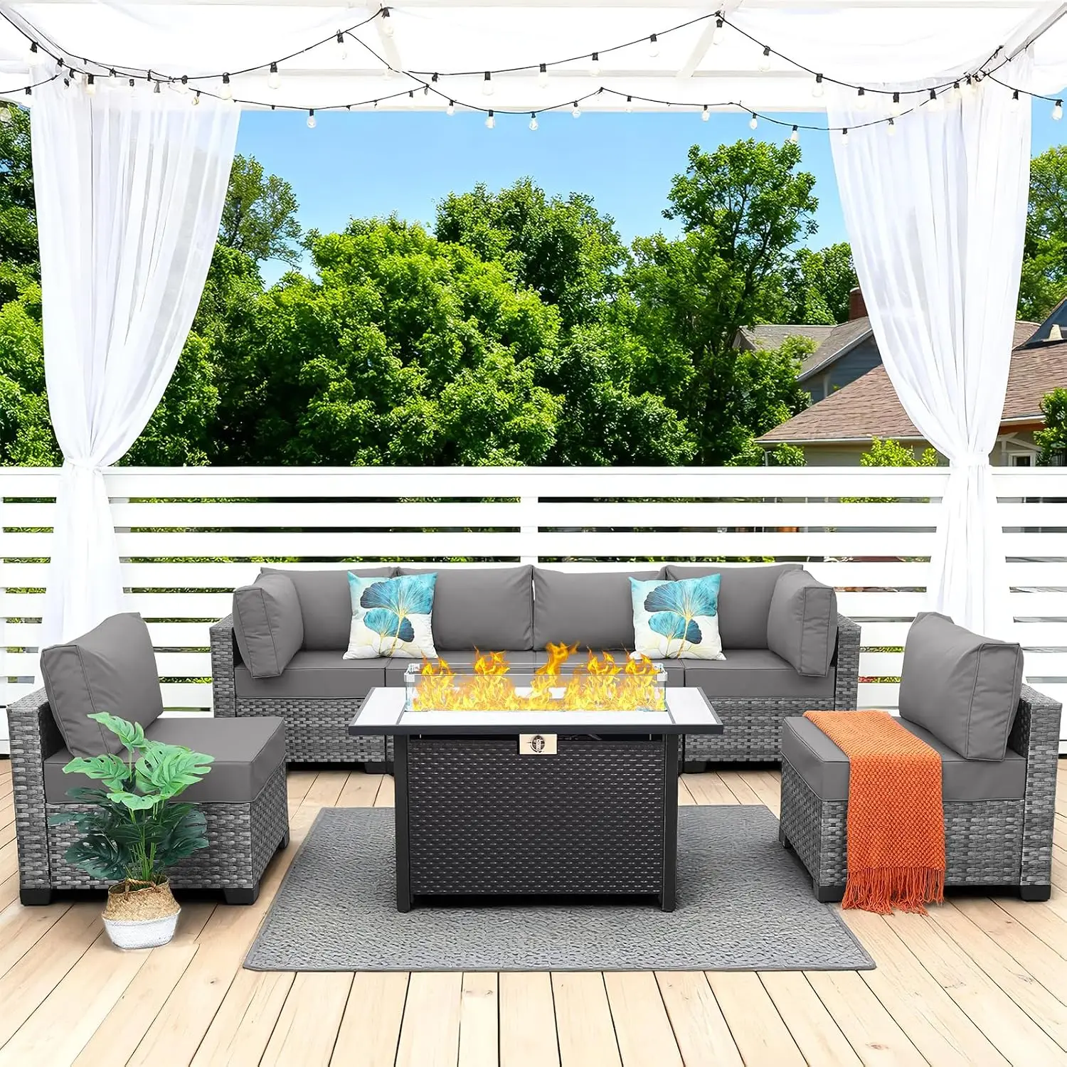 7-Piece Wicker Patio Sectional Sofa Set with Fire Pit Table Non-Slip Cushions Furniture Cover Light Grey, Customized