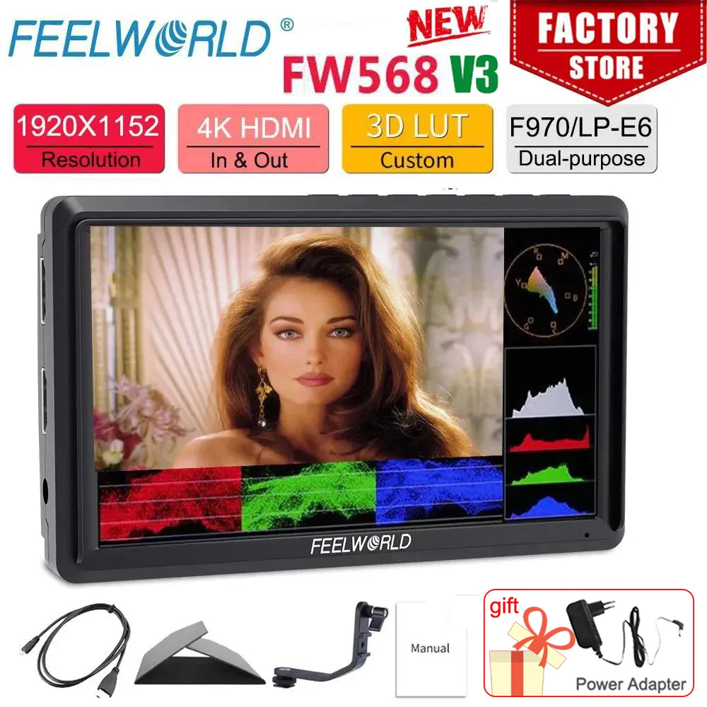 FEELWORLD FW568 V3 5.5 Inch Portable Camera 3D LUT DSLR Field Waveform Monitor 4K HDMI In Out Full HD Tilt Arm Power Output