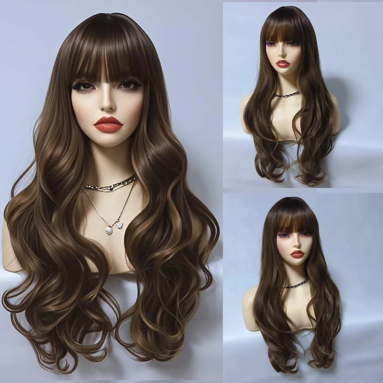 

Ladies 26 Long Brown Curly Water Wave Wig Elegant Heat Resistant Synthetic Hair Natural Look