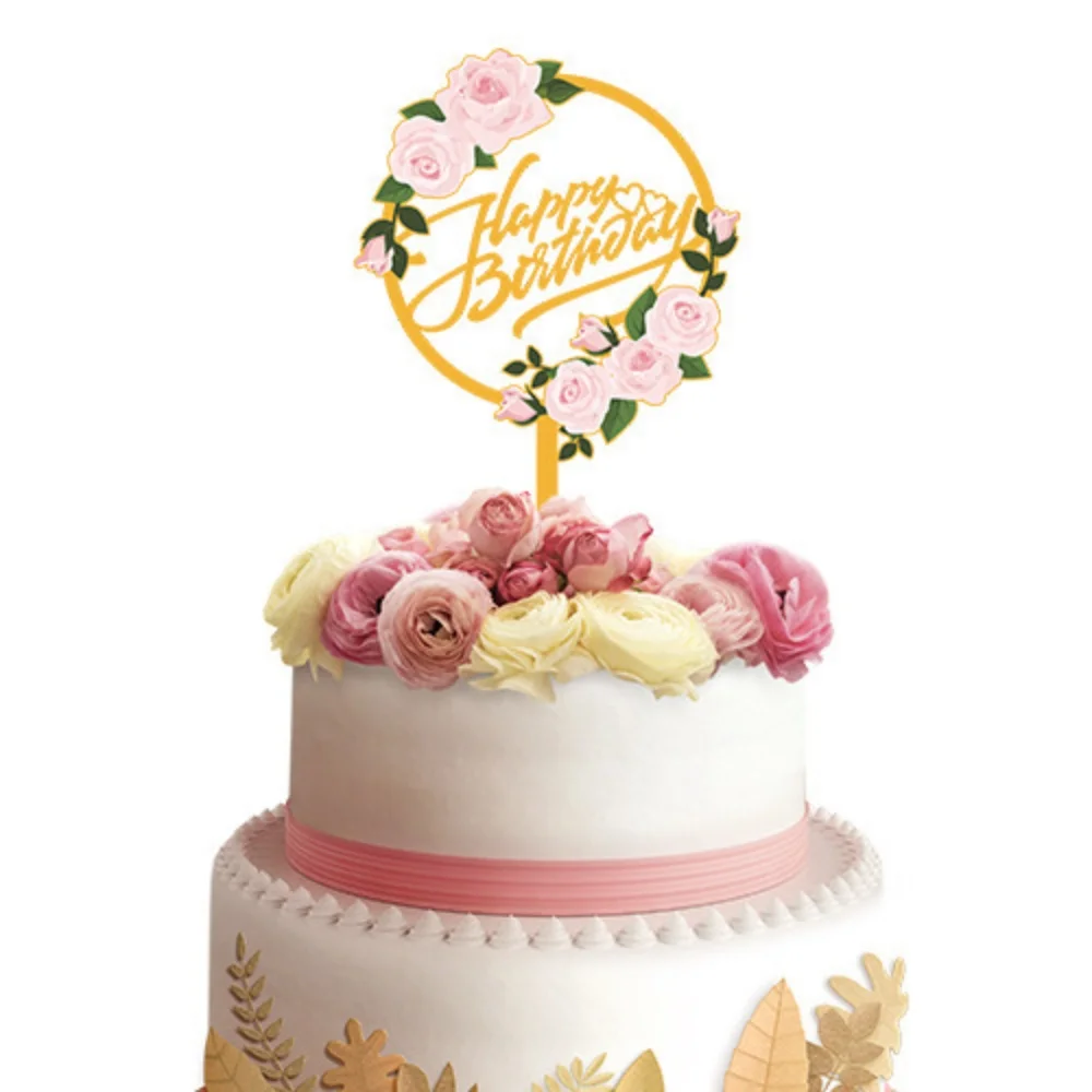Etiqueta acrílica para pastel con estampado de flores coloridas, complemento para decoración de fiesta de postre, "Feliz cumpleaños", para golosinas dulces, 1 ud.