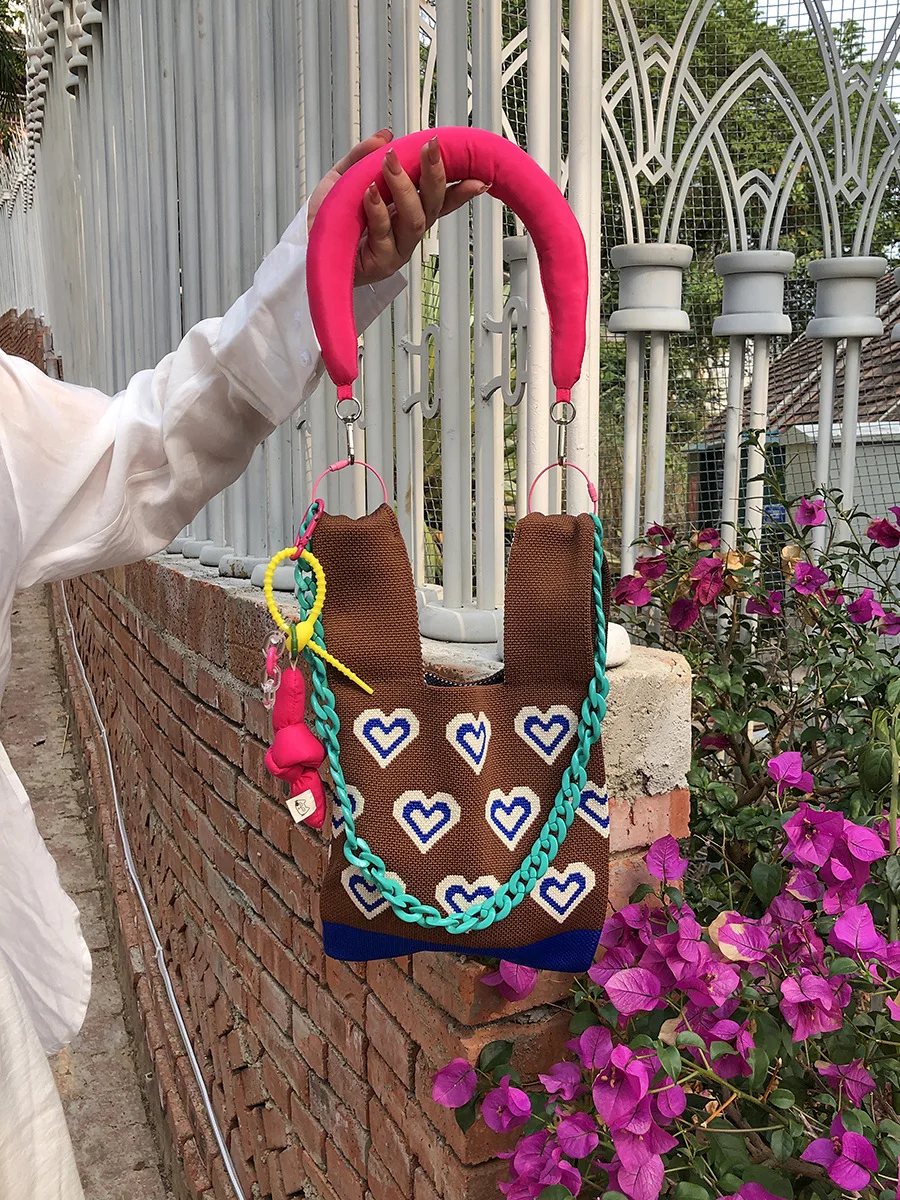 Cute Knitting Shoulder Crossbody Bags for Women Color Heart Crochet Wrist Bag Women Handbags Candy Color Shopper Tote New