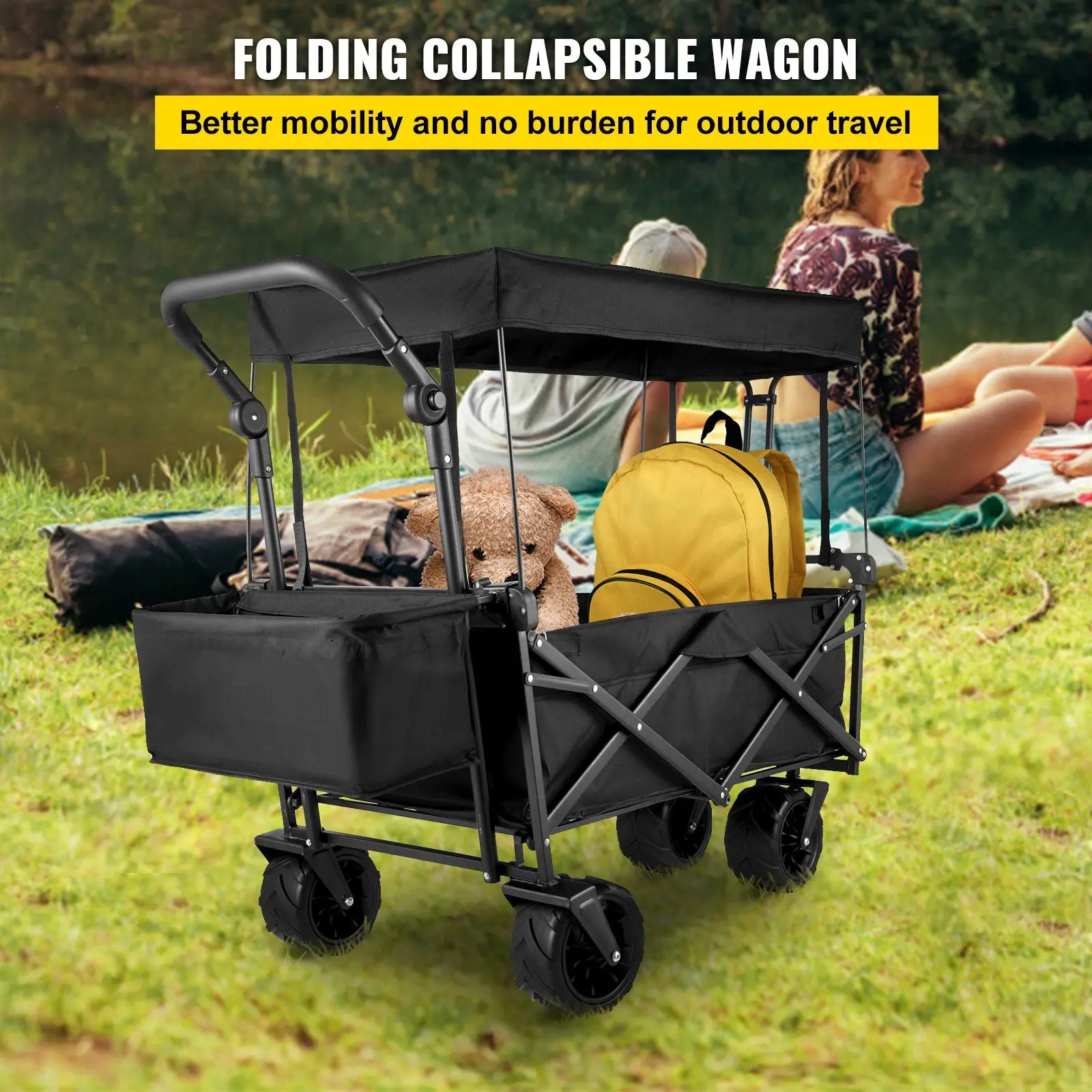 Extra Large Collapsible Garden Cart with Removable Canopy, Folding Wagon Utility Carts with Wheels and Rear Storage, Wagon