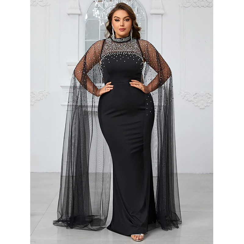 Elegant Ladies Dress Women Black Mesh Beading Formal Occasion Cocktail Prom Gown Evening Party Long Maxi Dresses 4XL