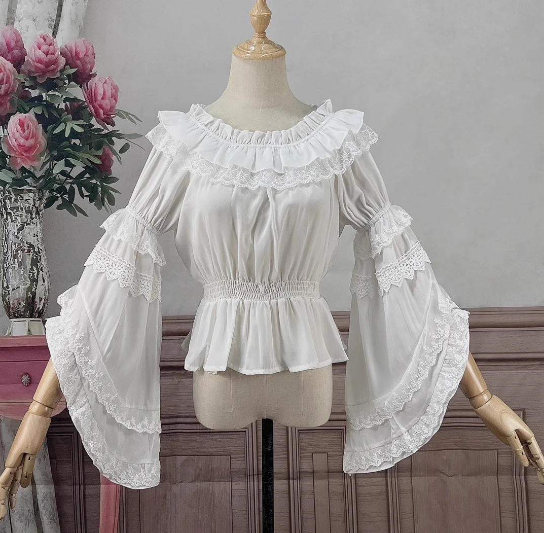 Elegant Lolita Chiffon Flare Sleeve Elastic Collar Slash Neck Blouse Top Girls 2025 Summer New Sweet Versatile Age Reduction Top