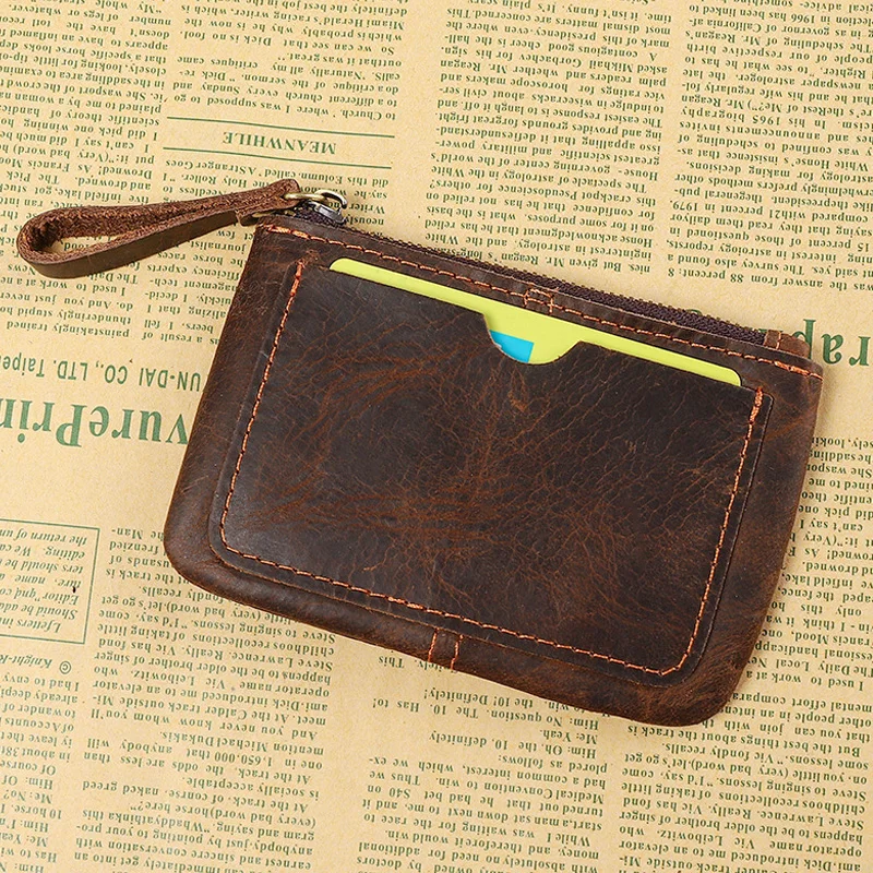 크레이지 호스 가죽 동전 지갑 남성용, 진짜 가죽 지퍼 가죽 파우치, 레트로 키홀더, 작은 돈 가방, 클러치 백