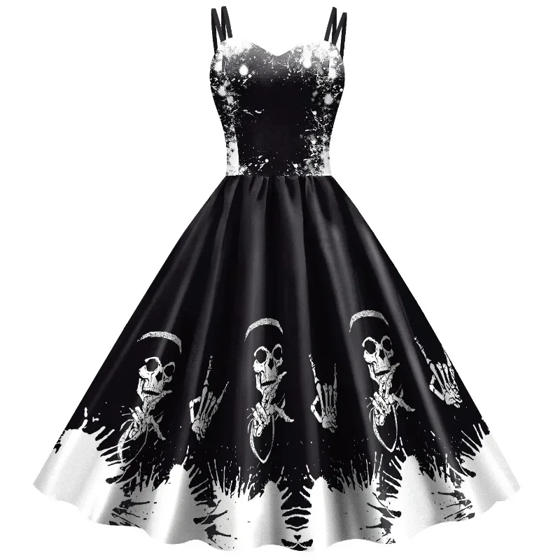 Teanoon Halloween Fancy Skeleton Rose Print Women Dress Girl Carnival Party Dresses Female Goth Horror Costume Rockabilly Dress