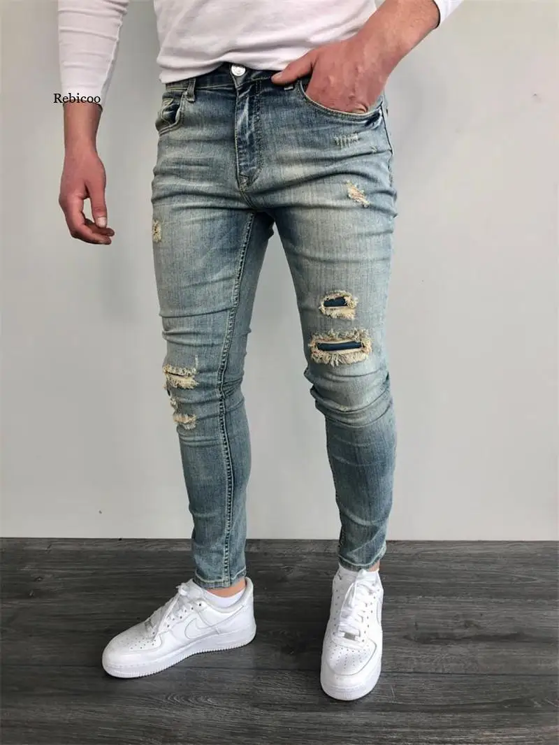 Streetwear Fashion Black Ripped Jeans Men Skinny Slim Fit Blue Hip Hop Denim Trousers Casual Jeans for Men Jogging