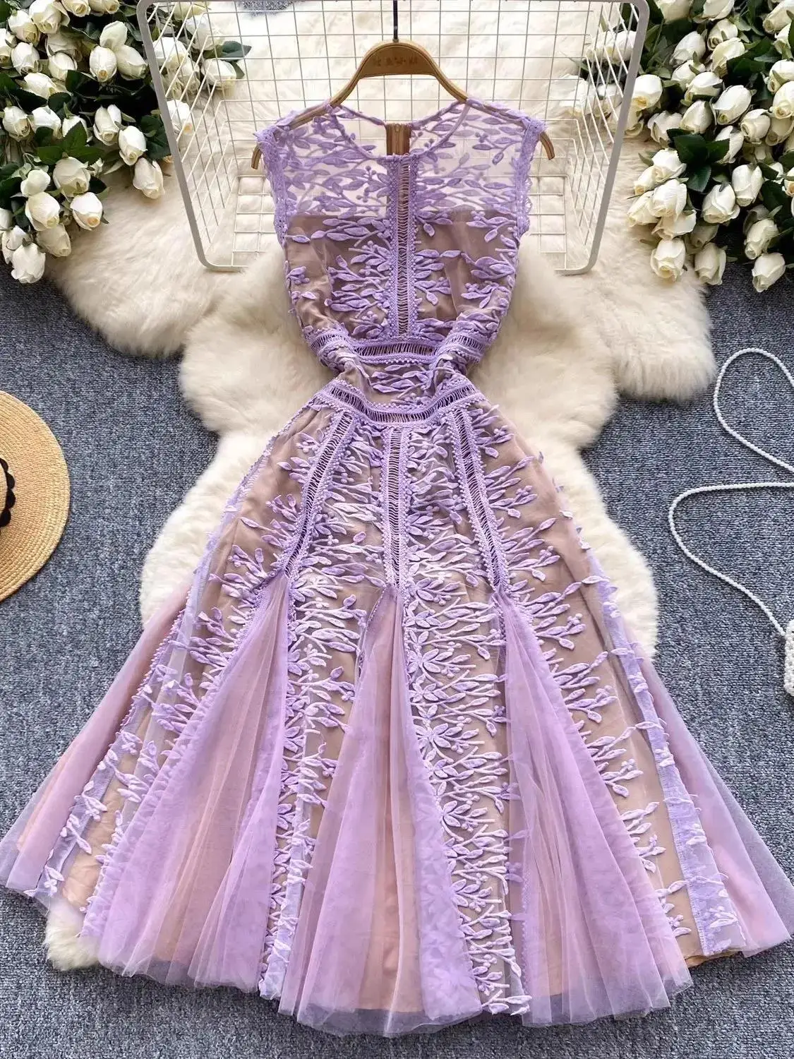 

French Luxury Formal Occasion Embroidery Flower Dress Women's Sleeveless Mesh Splicing Hollow Out Tulles Wedding Party Vestidos