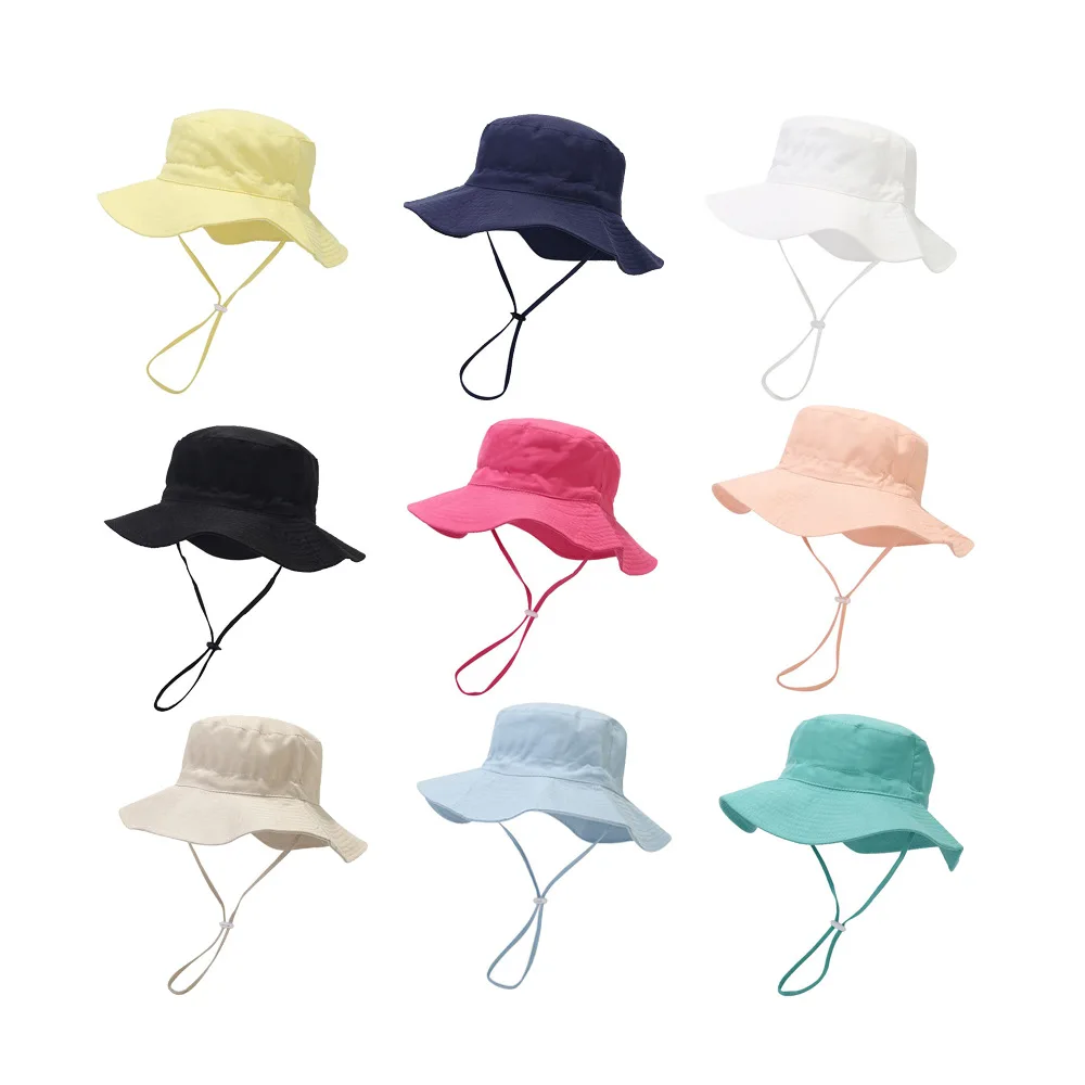 Custom Logo Kids Bucket Hat Adjustable Chin Strap UV Protection Children Sun Fisherman Cap for Beach