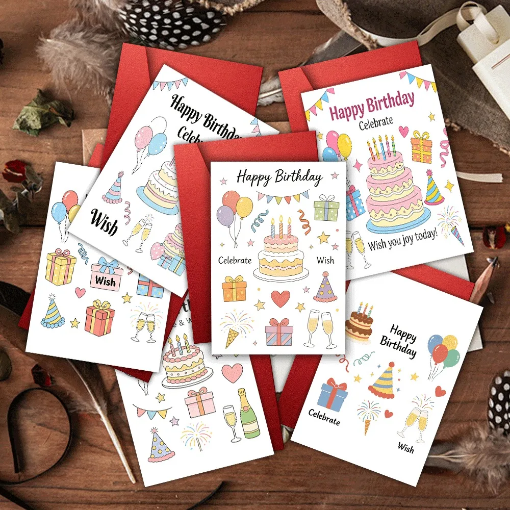 

12 комплектов (6 открыток + 6 красных конвертов) поздравительных открыток на день рождения с рисунками тортов и воздушных шаров, праздничные благодарственные открытки, подходящие для Пасхи, Дня отца, дней рождения и других праздников.