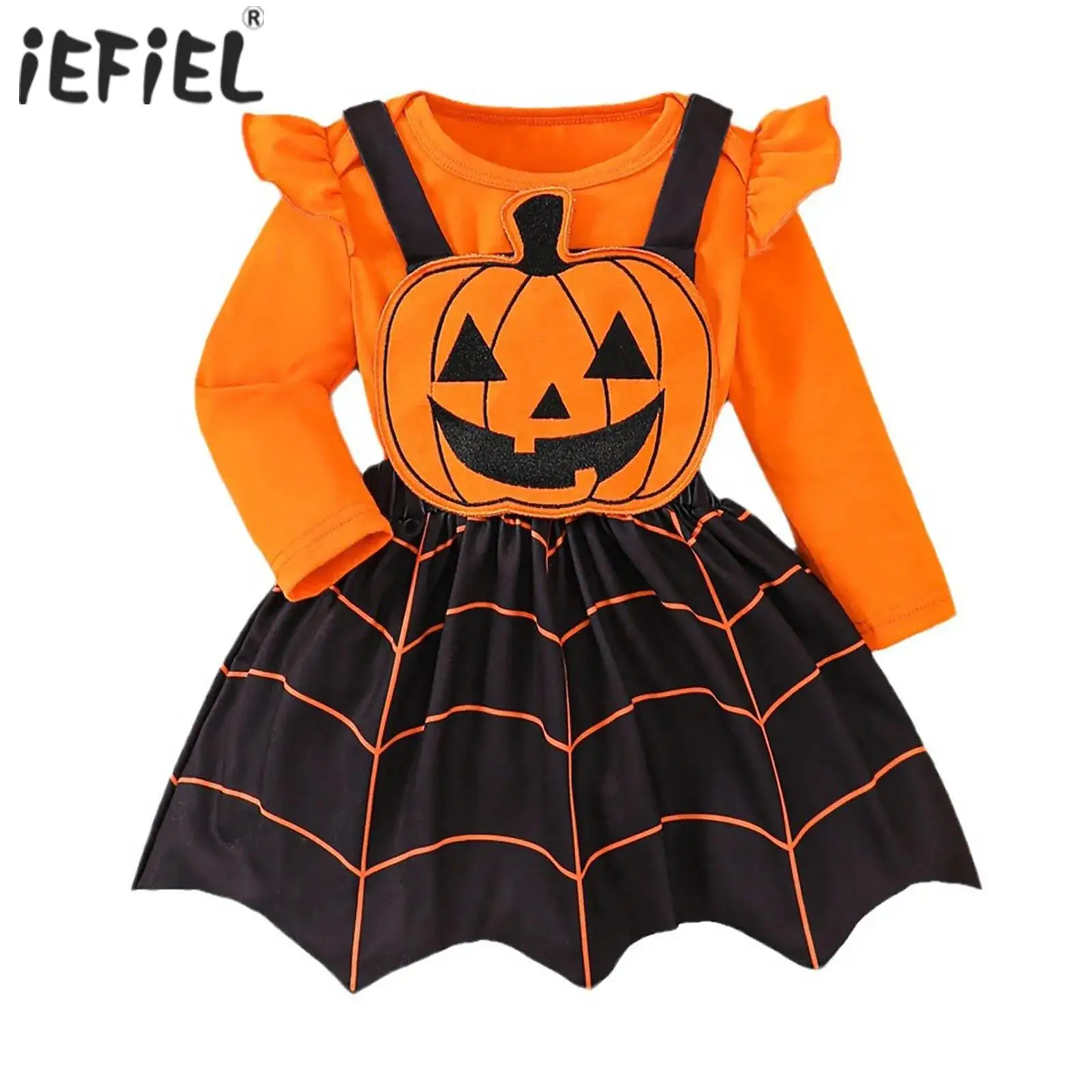 

Pumpkin Spider Web Costume 3Pcs Baby Girl Halloween Outfit Romper with Suspender Dress and Headband Set Themed Party Dress Up