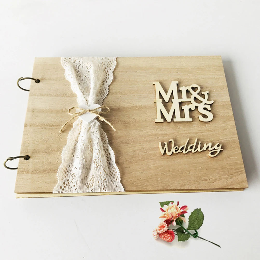 

1Pcs Wooden Vintage Wedding Guest Book 30 Pages Sign-in Message Album Romantic Guestbook for Reception Anniversary Party