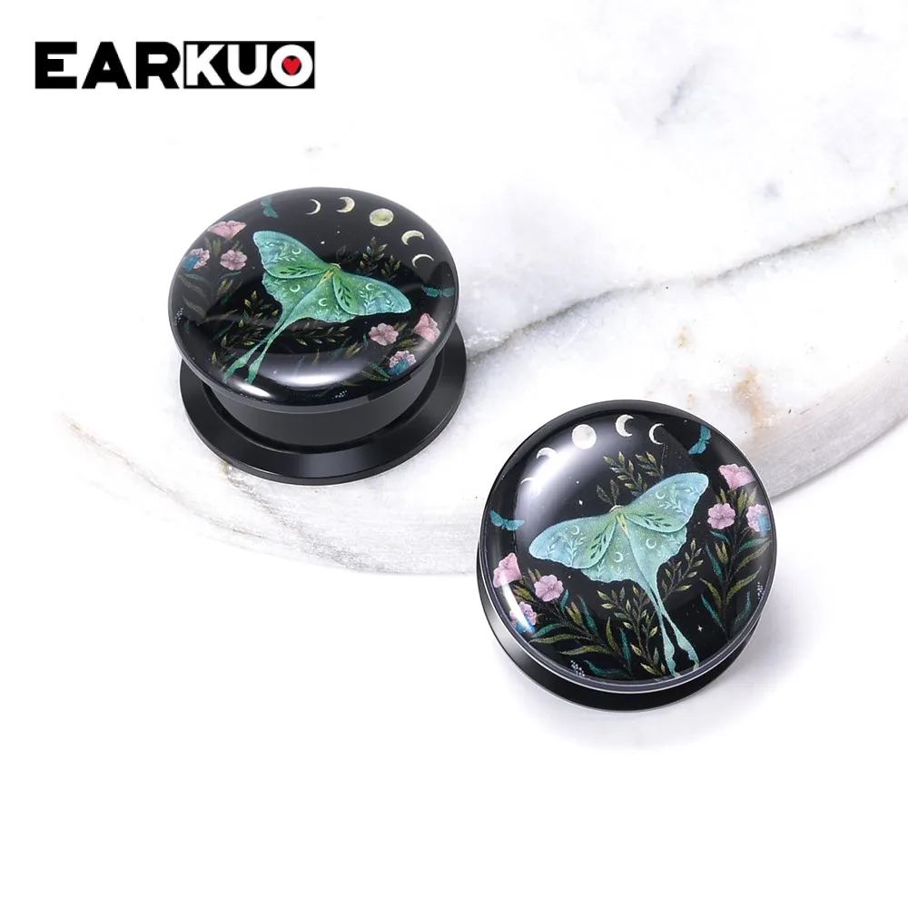 EARKUO Vintage Acrylic Sun Moon Lock Cat Fish Ear Plugs Tunnels Piercing Body Jewelry Earring Gauges Stretchers Expanders 2PCS