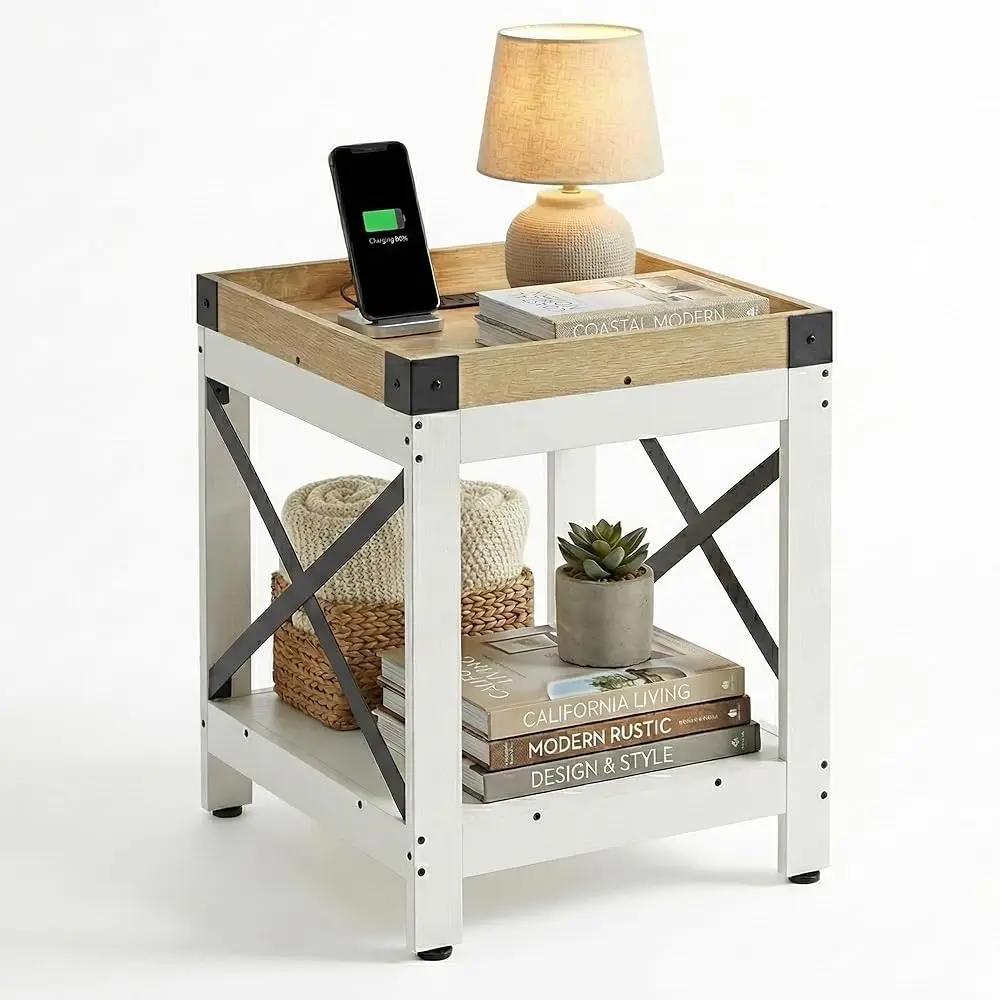 

Free ShippingFarmhouse Side Table with Charging Station,Square End Table with 2-Tier Storage Shelf, Sofa Table With X-Metal Fram